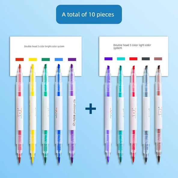 Çift Uçlu Flüoresan Marker Kalem Seti - 10 Parlak + Açık Renk