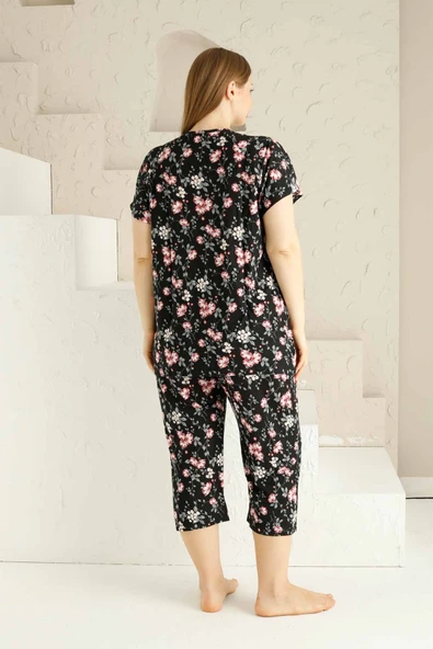 Anne Kalıp Tunik Büyük Beden Kapri-Battal Beden Dantel Detay Kısa Kol Viskon Bermuda Pijama Takımı - 12