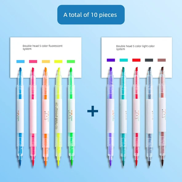 Çift Uçlu Flüoresan Marker Kalem Seti - 10 Flüoresan + Açık Renk