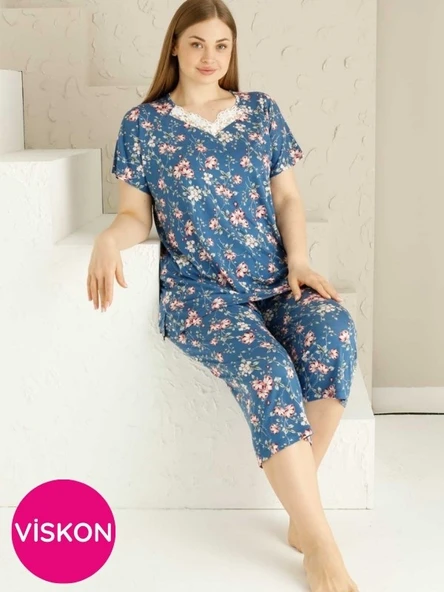 Anne Kalıp Tunik Büyük Beden Kapri-Battal Beden Dantel Detay Kısa Kol Viskon Bermuda Pijama Takımı