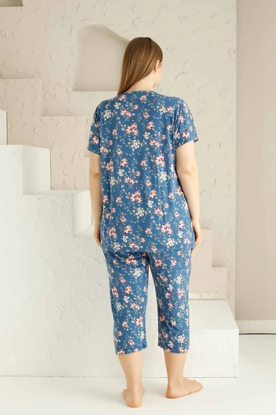 Anne Kalıp Tunik Büyük Beden Kapri-Battal Beden Dantel Detay Kısa Kol Viskon Bermuda Pijama Takımı - 11