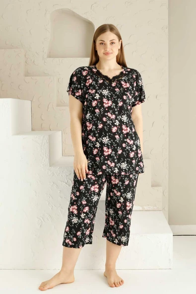 Anne Kalıp Tunik Büyük Beden Kapri-Battal Beden Dantel Detay Kısa Kol Viskon Bermuda Pijama Takımı - 6
