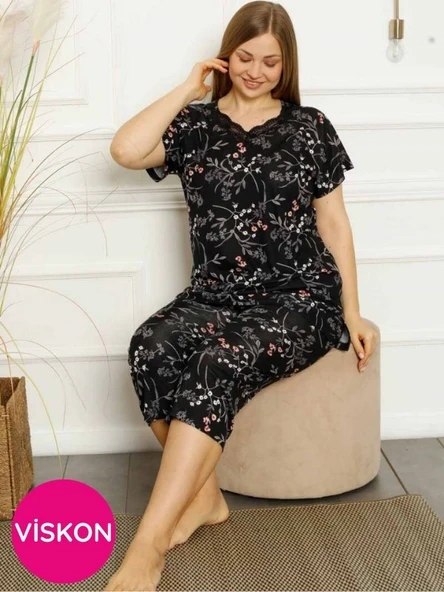 Anne Kalıp Tunik Büyük Beden Kapri-Battal Beden Dantel Detay Kısa Kol Viskon Bermuda Pijama Takımı - 3