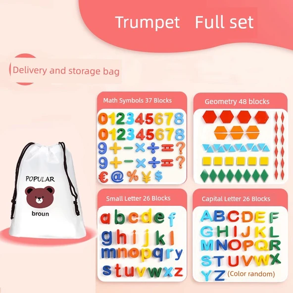 Manyetik Harfler Sayılar Semboller Eğitim Çıkartmaları - 137 Parça Küçük Tam Set (Büyük Harf + Küçük Harf + Sayılar, Semboller + Geometrik Şekiller) - Depolama Çantası ile
