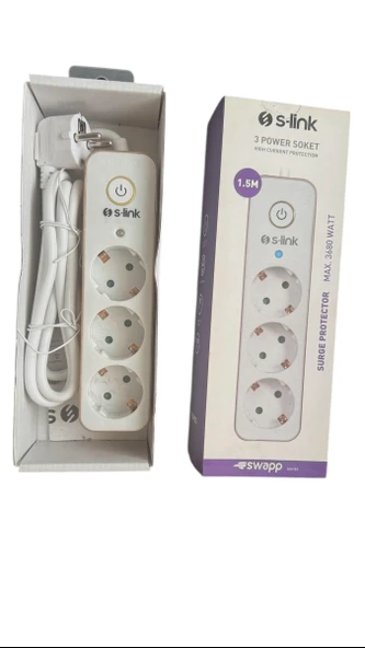 S-Link SpgIP03/G 1.5m 3x1.5mm 100% Bakır 750 Joule 3 Lü Anahtarlı Akım Korumalı Priz - 3