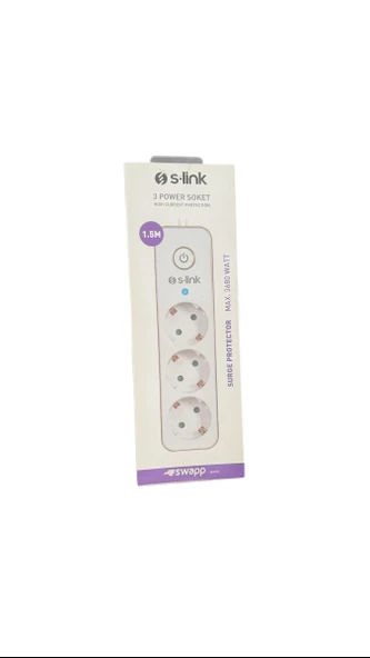 S-Link SpgIP03/G 1.5m 3x1.5mm 100% Bakır 750 Joule 3 Lü Anahtarlı Akım Korumalı Priz