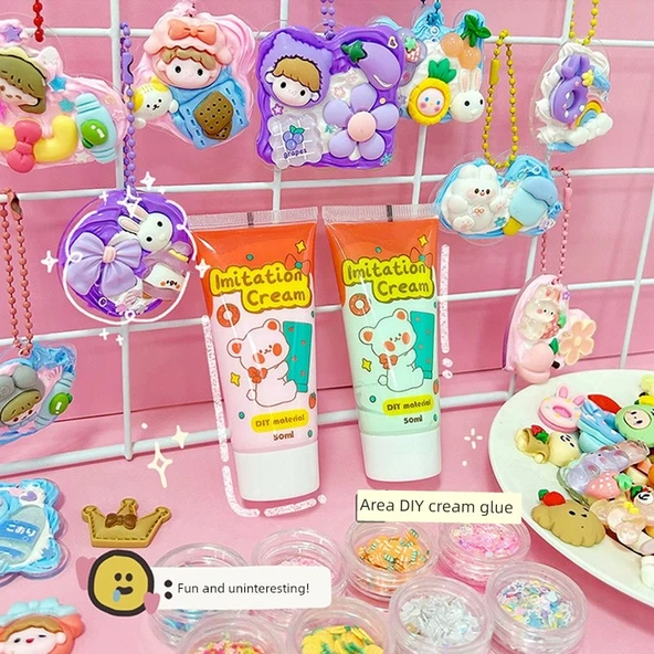 DIY Karikatür Krem Yapıştırıcı Çıkartma Seti - Karışık 40 Parça - Nokta Yapıştırıcı ve Depolama Varili - 8
