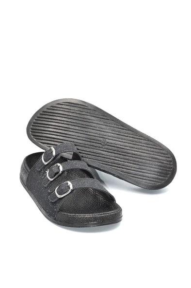 Kadın Siyah Simli Üç Toka Günlük Anatomik Terlik - 5