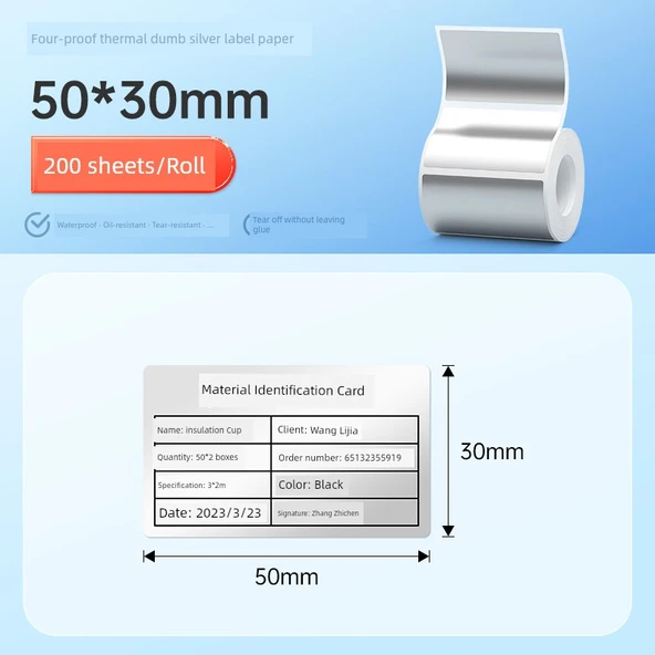 Mat Gümüş Termal Etiket Kağıdı - 50 x 30mm - 200 Sayfa