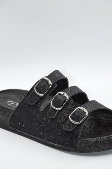 Kadın Siyah Simli Üç Toka Günlük Anatomik Terlik - 8