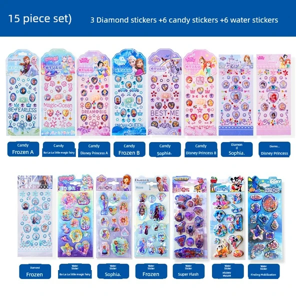 3D Prenses Elsa Sticker Seti - 6 Şeker Sticker + 3 Elmas Sticker + 6 Sallanan Su Sticker