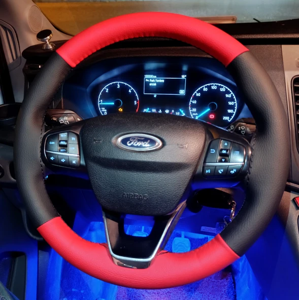 DİKİŞLİ DİREKSİYON KILIFI SİYAH DERİ KIRMIZI DERİ SİYAH DİKİŞLİ F.ORD TRANSİT 2020 KASA İÇİN ürün görseli