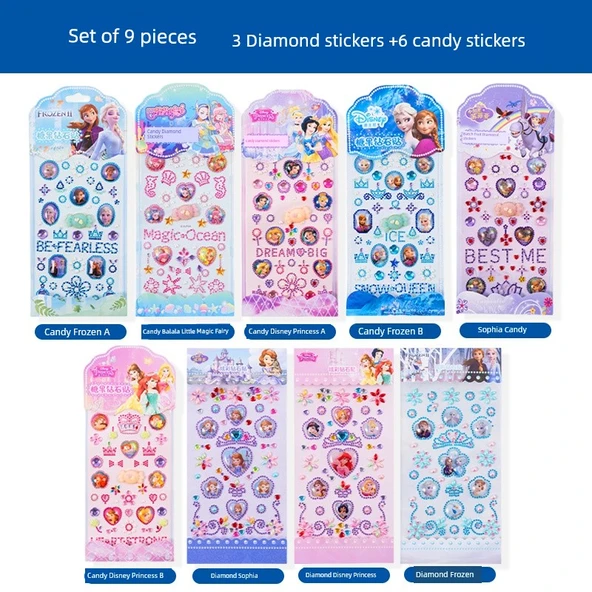 3D Prenses Elsa Sticker Seti - 3 Elmas Sticker + 6 Şeker Sticker