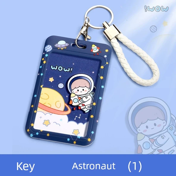 Sevimli Okul Kart Tutucu Anahtarlık - Kısa Deri İp Astronot