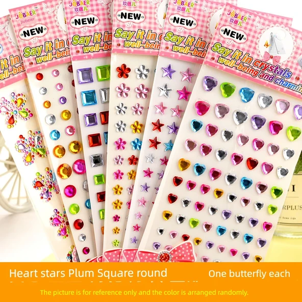 DIY Kristal Çocuk Stickerları - Kalp Yuvarlak Kare Erguvan Çiçeği Yıldız Kelebek Her Biri Tek Matkap Altı