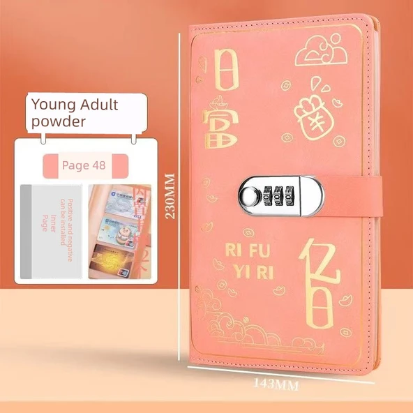 Çok Fonksiyonlu Banka Depozito Sertifika Saklama Defteri - Pembe-Rifu Kombinasyon Kilit - İki Katmanlı (48+12 Kart)