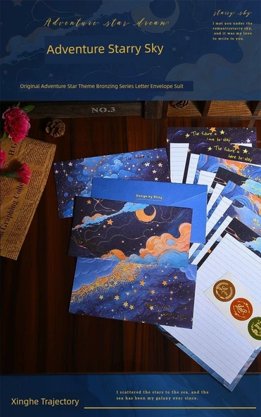 Zarif Mektup Kağıdı ve Zarf Seti - Yıldız Tasarım - 1 Paket 4 Zarf + 8 Mektup Kağıdı + 6 Mühürleme Stickerı - 7
