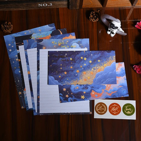 Zarif Mektup Kağıdı ve Zarf Seti - Sığır Derisi İlham Verici - Rüzgar ve Dalgalar - 1 Paket 4 Zarf + 8 Mektup Kağıdı + 6 Mühürleme Stickerı - 3