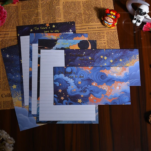 Zarif Mektup Kağıdı ve Zarf Seti - Yıldız Tasarım - 1 Paket 4 Zarf + 8 Mektup Kağıdı + 6 Mühürleme Stickerı - 5