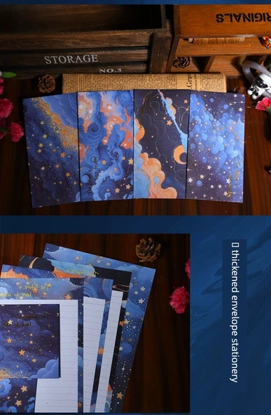Zarif Mektup Kağıdı ve Zarf Seti - Sığır Derisi İlham Verici - Rüzgar ve Dalgalar - 1 Paket 4 Zarf + 8 Mektup Kağıdı + 6 Mühürleme Stickerı - 8