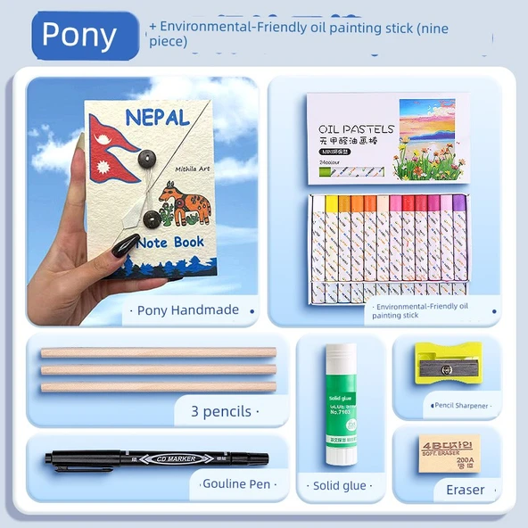 El Yapımı Retro Günlük Defteri - Pony +12 Renkli Yağlı Boya Seti