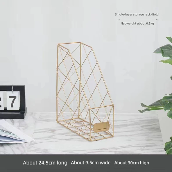 Nordik Metal Ofis Masaüstü Depolama Sepeti Kitap Standı - Tek Katman Altın