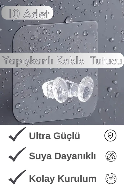 10 Adet Ultra Güçlü Yapışkanlı Kablo Tutucu, Mutfak ve Banyo Askısı, Yapışkanlı Kancalar MT115