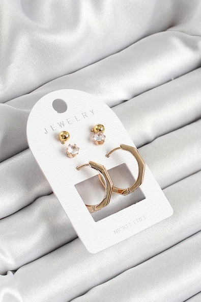 Pirinç Zirkon Taş Ve Kemik Halka Figürlü Gold Renk 3'lü Çift Kadın Küpe Set - TJ-BKP10654