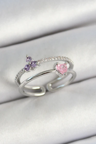 Pirinç Kalp Ve Çiçek Figürlü Zirkon Taşlı Gümüş Renk Ayarlanabilir Kadın Yüzük - TJ-BYK3775 ürün görseli 1