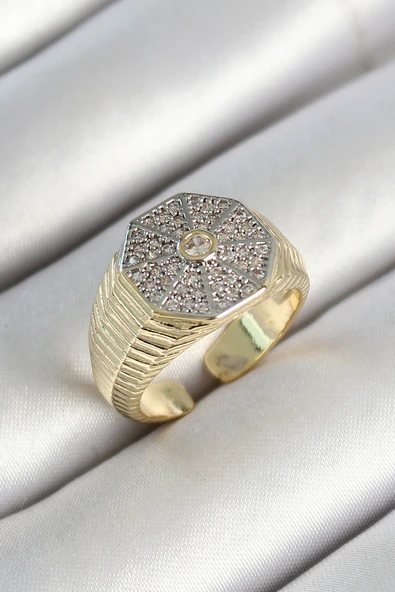 Pirinç Sekizgen Figür Zirkon Taşlı Gold Renk Ayarlanabilir Kadın Yüzük - TJ-BYK3788