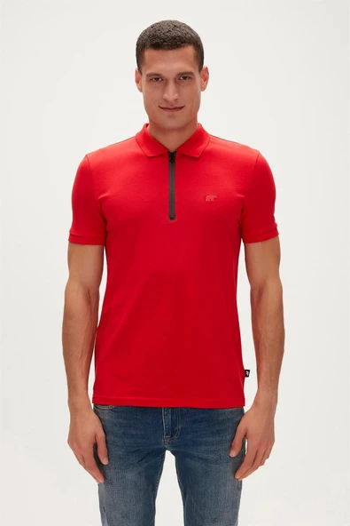 Cord Crimson Red Kırmızı Polo Yaka Fermuarlı Erkek T-shirt
