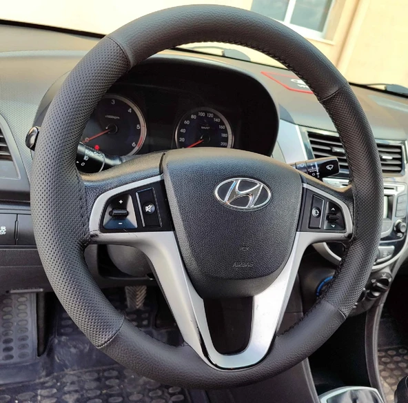 DİKİŞLİ DİREKSİYON KILIFI SİYAH DERİ NOKTALI DERİ SİYAH DİKİŞLİ HYUNDAİ ACCENT BLUE İÇİN - Resim 2