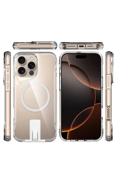 Apple iPhone 16 Pro Max ile Uyumlu Kılıf Magsafe Şarj Özellikli T-Max Standlı Şeffaf Kapak - 8