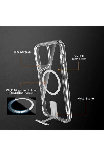 Apple iPhone 16 Pro ile Uyumlu Kılıf Magsafe Şarj Özellikli T-Max Standlı Şeffaf Kapak - 6