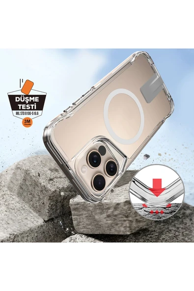 Apple iPhone 16 Pro Max ile Uyumlu Kılıf Magsafe Şarj Özellikli T-Max Standlı Şeffaf Kapak - 5