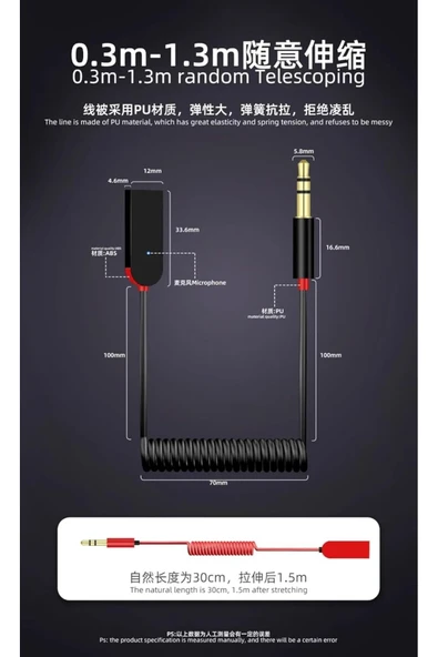 Bluetooth Wireless Bt5.1 Usb To 3,5mm Aux Araç Kiti Bluetooth Araç Sprial Kablolu Çevirici - 6