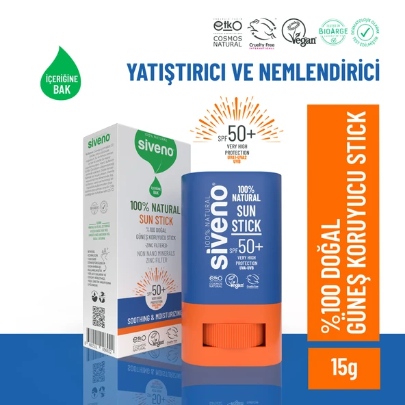 Siveno %100 Doğal Yüz Güneş Koruyucu Stick Renkli Mineral Filtre Nemlendirici UVA UVB SPF50+ 15 gr