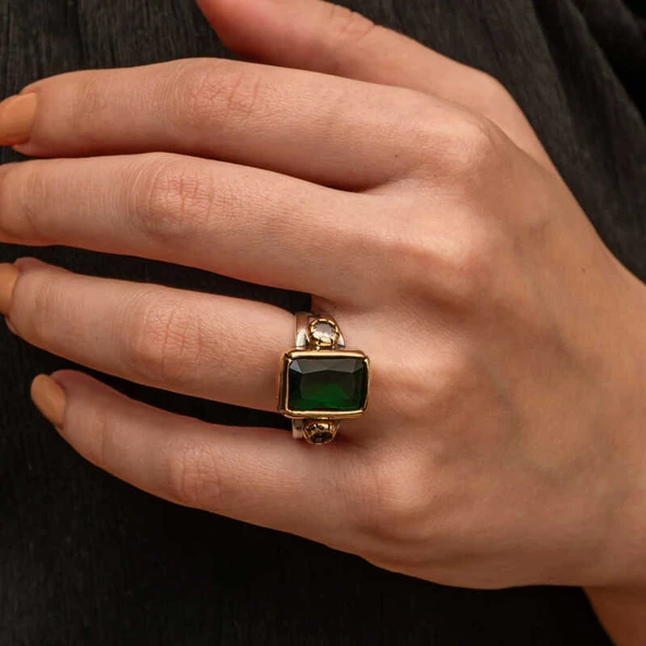 Gümüş Yeşil Zirkon Taşlı Otantik Kadın Yüzük  SL11753 - Resim 11