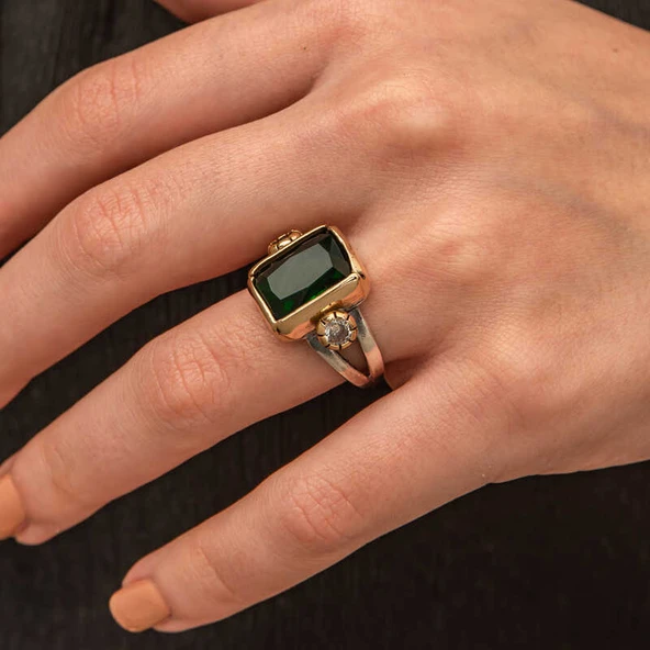 Gümüş Yeşil Zirkon Taşlı Otantik Kadın Yüzük  SL11753 - Resim 12