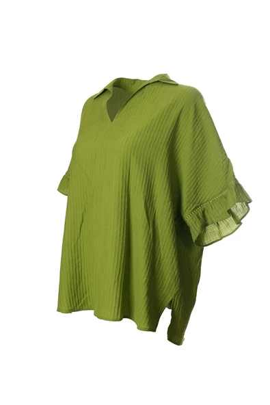 Faik Sönmez Kendinden Nervürlü Volanlı Kısa Kol Bluz 25YUS25BLZ021 - Resim 8