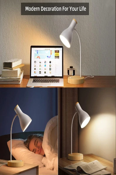 USB LED Masa Lambası Gri Ahşap Tabanlı Modern Dekoratif, Şık Esnek Boyunlu Ofis ve Çalışma Lambası - 6