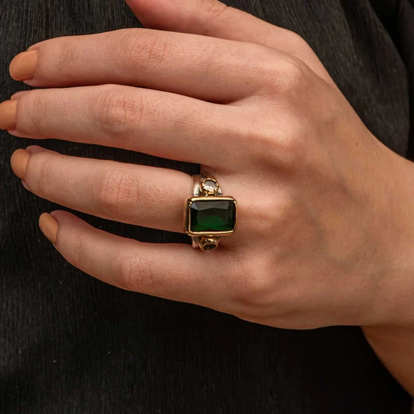 Gümüş Yeşil Zirkon Taşlı Otantik Kadın Yüzük  SL11753 - Resim 7