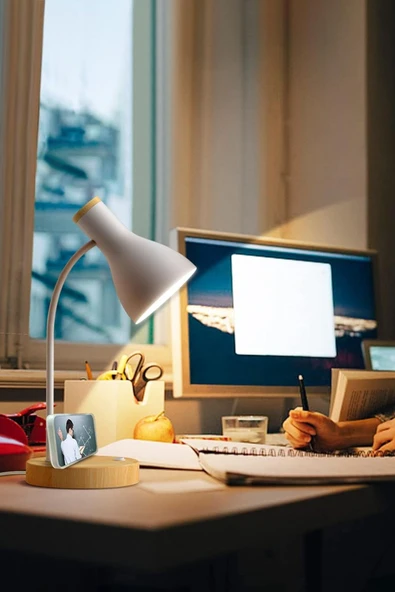 USB LED Masa Lambası Gri Ahşap Tabanlı Modern Dekoratif, Şık Esnek Boyunlu Ofis ve Çalışma Lambası - 3