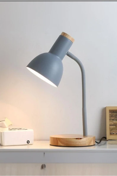 USB LED Masa Lambası Gri Ahşap Tabanlı Modern Dekoratif, Şık Esnek Boyunlu Ofis ve Çalışma Lambası - 2