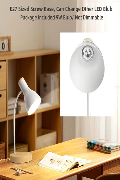 USB LED Masa Lambası Gri Ahşap Tabanlı Modern Dekoratif, Şık Esnek Boyunlu Ofis ve Çalışma Lambası - 4