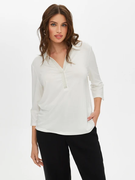 Faik Sönmez Yakası Ve Kol Ucu Zincir Şerit Detaylı 3/4 Kol Örme Bluz ürün görseli 1