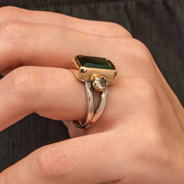 Gümüş Yeşil Zirkon Taşlı Otantik Kadın Yüzük  SL11753 - Resim 6