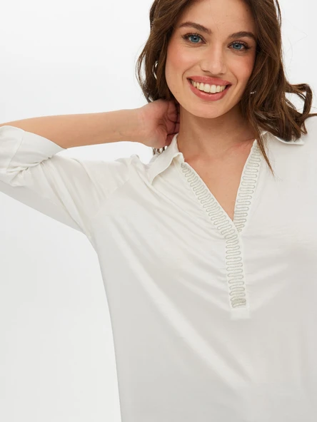 Faik Sönmez Yakası Ve Kol Ucu Zincir Şerit Detaylı 3/4 Kol Örme Bluz - Resim 10