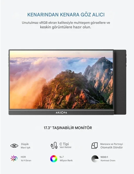 Arzopa A1M 17.3" Full HD 60Hz IPS Ultra İnce Taşınabilir Monitör - 4
