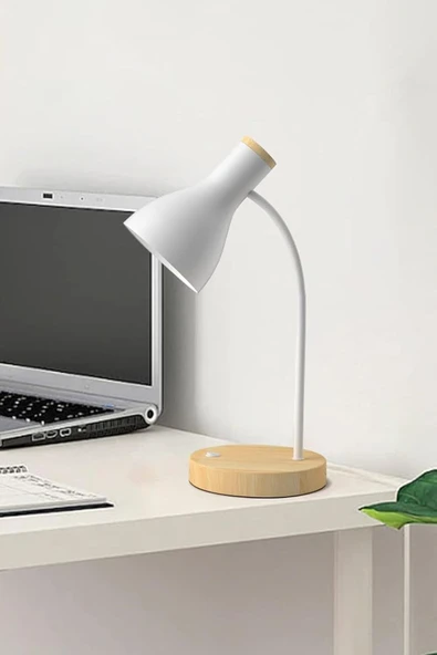 USB LED Masa Lambası Beyaz Ahşap Tabanlı Modern Dekoratif, Şık Esnek Boyunlu Ofis ve Çalışma Lambası - 6